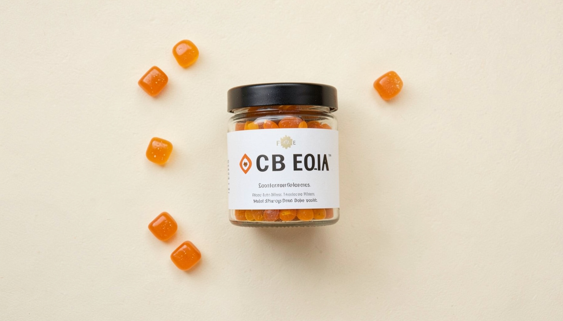 A flat-lay of a CBD gummies jar on a soft cream-colored surface, with a few gummies placed around it and gentle, diffuse light