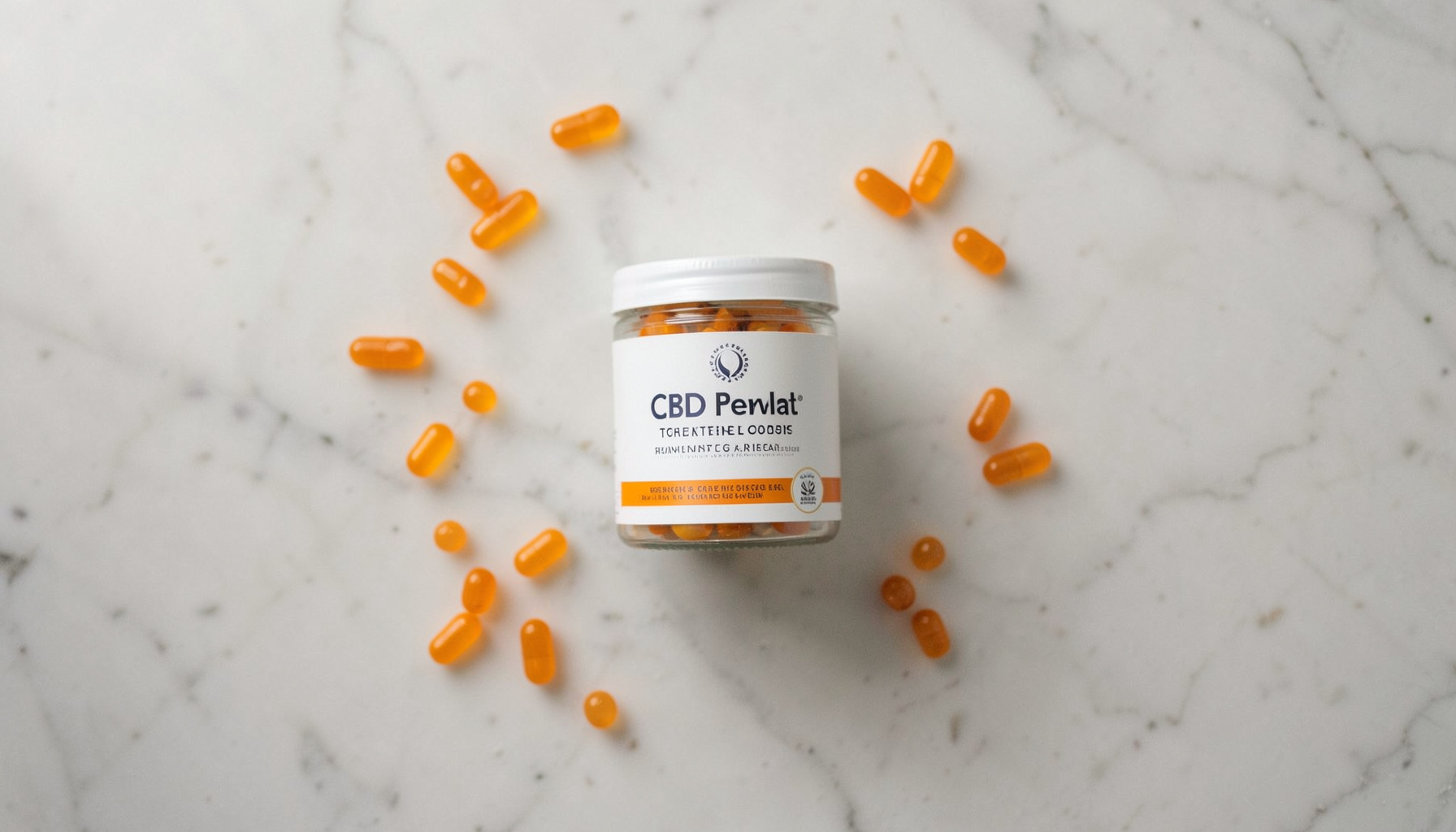 An overhead flat-lay photograph of a CBD gummies container with a few gummies scattered on a light marble surface, illuminated by soft window light in a calm, neutral palette