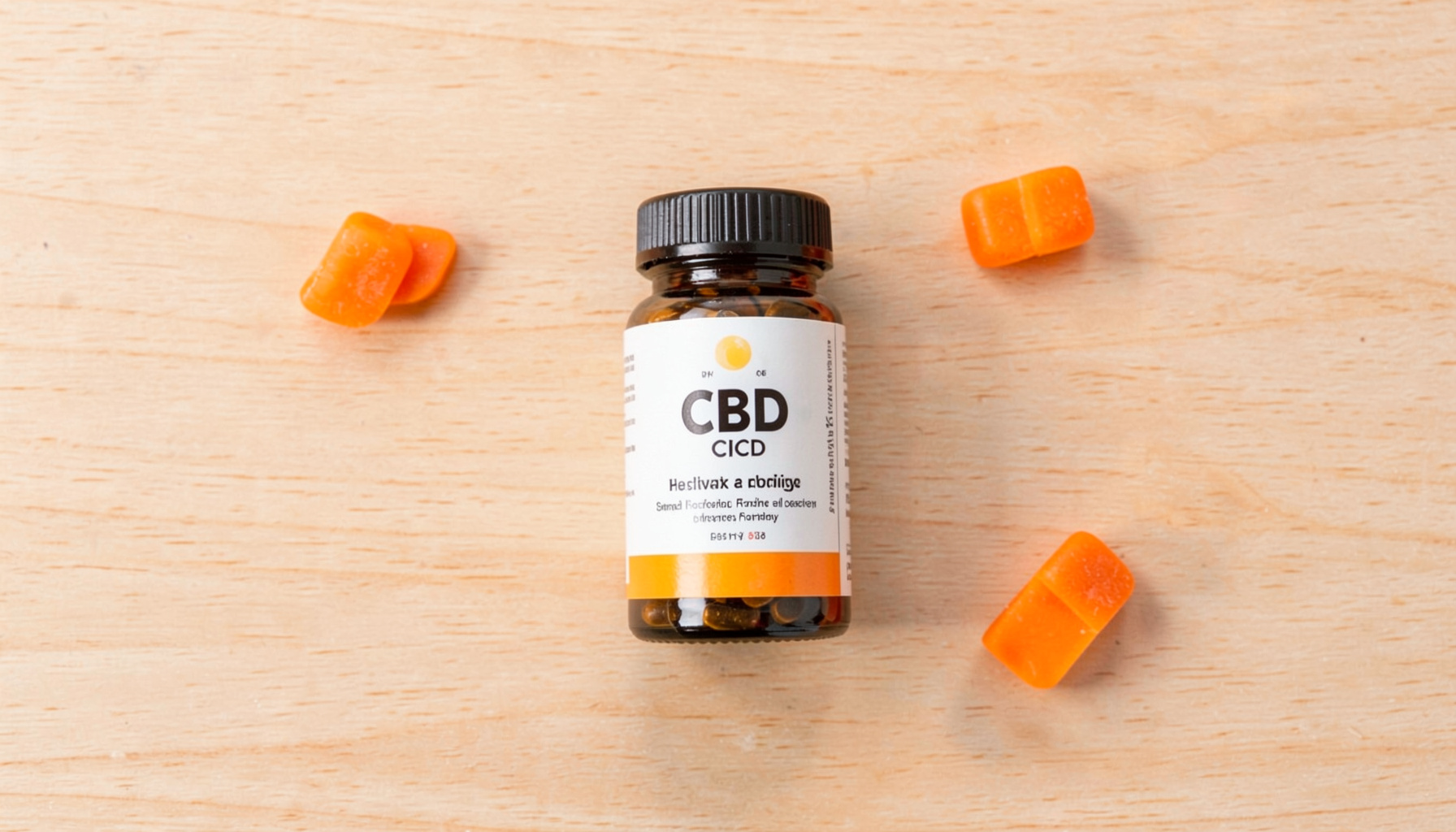 An overhead flat-lay photograph of a light-wood surface holding a tall white supplement bottle with a soft mint-green label, surrounded by a few pale capsules and a small sprig of eucalyptus, lit by warm morning daylight that gives the scene a calm, natural feel.
