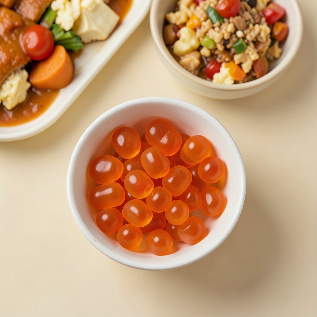 Overhead flat-lay of keto gummy supplements in a small bowl with a ketogenic meal backdrop, warm amber and cream tones.